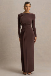 Virelle Brown Boat Neck Maxi Dress With Wrap Detail And Sash