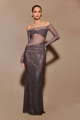Nash Diamante Off Shoulder Maxi Dress Gunmetal