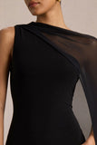 Mirelle Black Asymmetric Neck Maxi Dress With Sheer Cape Sleeve
