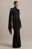 Amour Black High Neck Maxi Dress With Cape Sleeve Detail