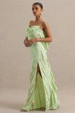 Maddie Light Green Floral Print Satin Cowl Neck Maxi Dress