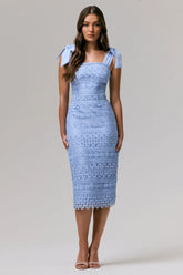 Precious Treasure Powder Blue Square Neck Midi Dress With Tie Details