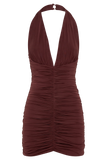Fleur Ruched Slinky Mini Dress Mahogany