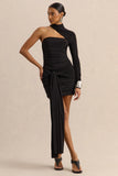 Irissia Black Asymmetric Neck Mini Dress With Knot And Sash Detail