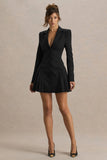 Blossoming Black Plunge Neck Tailored Mini Dress With Pleating