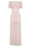 Caspian Slinky And Mesh Off Shoulder Maxi Dress Pale Pink