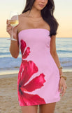 Temmie Pink Hibiscus Print Strapless Mini Dress