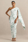 Clementina Green Porcelain Print Asymmetric Cape Sleeve Maxi Dress