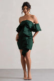 Aspen Bottle Green Bardot Mini Dress With Ruffles