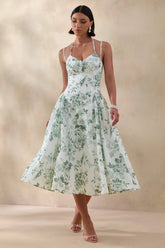 Audrey Green Floral Print Sweetheart Neck Midi Dress With Ruching Detail