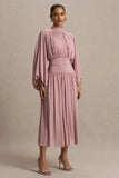 Annabel Dusty Pink High Neck Midi Dress With Drop Waist And Pleated Detailing