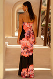 Sofiane Black Pink Floral Print Bandeau Maxi Dress