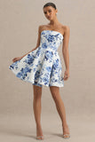 Fiorenza Blue Porcelain Print Bandeau Mini Dress With Volume Skirt