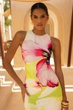 Marlo Lime Floral Print High Neck Maxi Dress