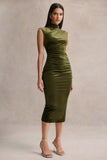 Novine Olive Velvet High Neck Midi Dress