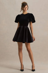 Priya Black Velvet Mini Dress With Puff Sleeves