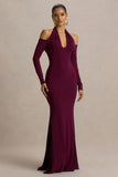 Living High Burgundy Halter Neck Maxi Dress With Long Sleeves