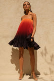 Tropical Orange Ombre Satin Mini Dress With Ruffle Hem