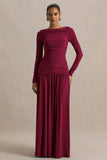 Aniyah Burgundy Slashed Neck Maxi Dress With Ruched Detailing