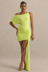 Marci Lime Green Asymmetric Ruched Mini Dress With Sash