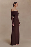 Josie Off Shoulder Mesh Maxi Dress Dark Brown