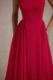 Muriel Red Boat Neck Volume Hem Midi Dress