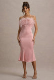 One And Only Light Pink Satin Feather Trim Bandeau Midi Dress