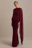 Cristina Burgundy Slashed Neck Maternity Maxi Dress With Cape Sleeve