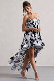 Whistler Monochrome Floral Chiffon Bandeau High Low Ruffled Maxi Dress