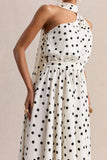 Caluna White And Black Polka Dot Satin Asymmetric Neck Midi Dress With Scarf Detail