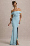 Law of Attraction Powder Blue Bardot Draped Split Maxi Dress