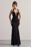 Plaza Black Plunge Halter Neck Fishtail Maxi Dress