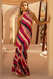 Melanie Striped Halter Neck Maxi Dress With Open Back