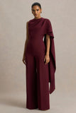 Sorenia Burgundy High Neck Jumpsuit With One Cape Sleeve