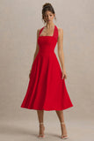 Auburn Red Halter Skater Midi Dress