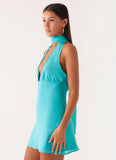Melisande Scarf Neck Mini Dress Aqua Blue