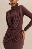 Karinthia Brown High Neck Maxi Dress With Draped Detailing