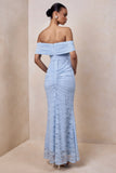 Elinor Powder Blue Lace Bardot Neck Maxi Dress With Gathered Detailing
