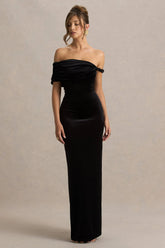 Poised Black Velvet Bardot Neck Maxi Dress With Twist Sleeve