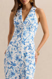 Quinn Blue Porcelain Print Plunge Neck Tailored Maxi Dress