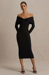 Spark Black Bardot Neck Midi Dress With Bow Detail