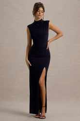 Lanetta Navy Ruched High Neck Maxi Dress With Split