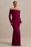 Cilla Burgundy Bardot Neck Maxi Dress With Ruched Detailing