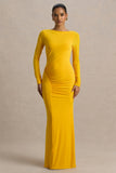 Diva Yellow Slashed Neck Maxi Dress With Ruched Detailing