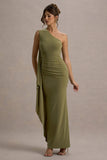 Adelina Olive One Shoulder Maxi Dress With Drape