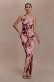 Alessandra Slinky Ruffle Maxi Dress Pink Blurred Floral Print