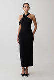 Sable Crossover Crepe Midi Dress Black