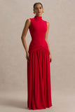 Cascade Red High Neck Maxi Dress With Twist Detail