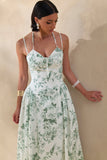 Audrey Green Floral Print Sweetheart Neck Midi Dress With Ruching Detail