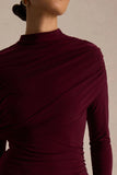 Gatsby Burgundy High Neck Maxi Dress With Feather Trim Cuffs